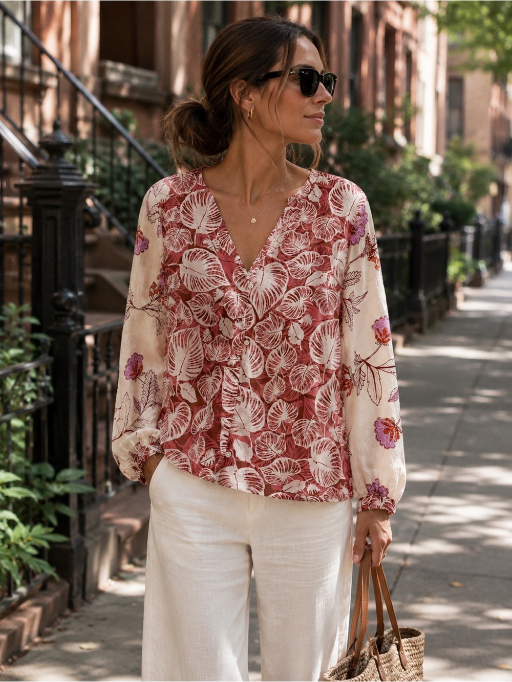tahari • 100% Linen Tropical Leaf Print Blouse Large Boho Coastal Resort AOP - Picture 5 of 8